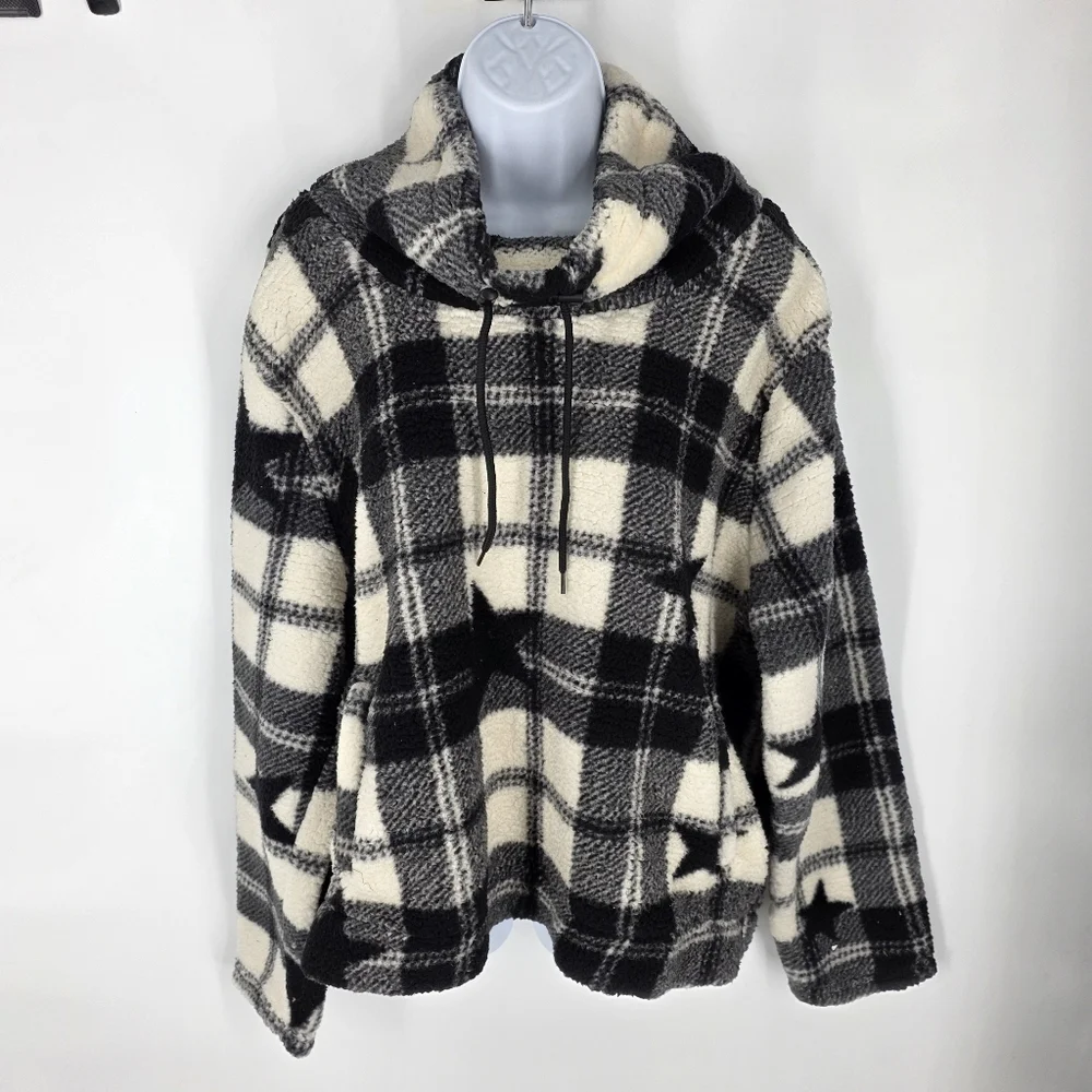Marissa Olivia Star Plaid Sherpa Fleece Pullover Women's XL Buffalo Check Funnel